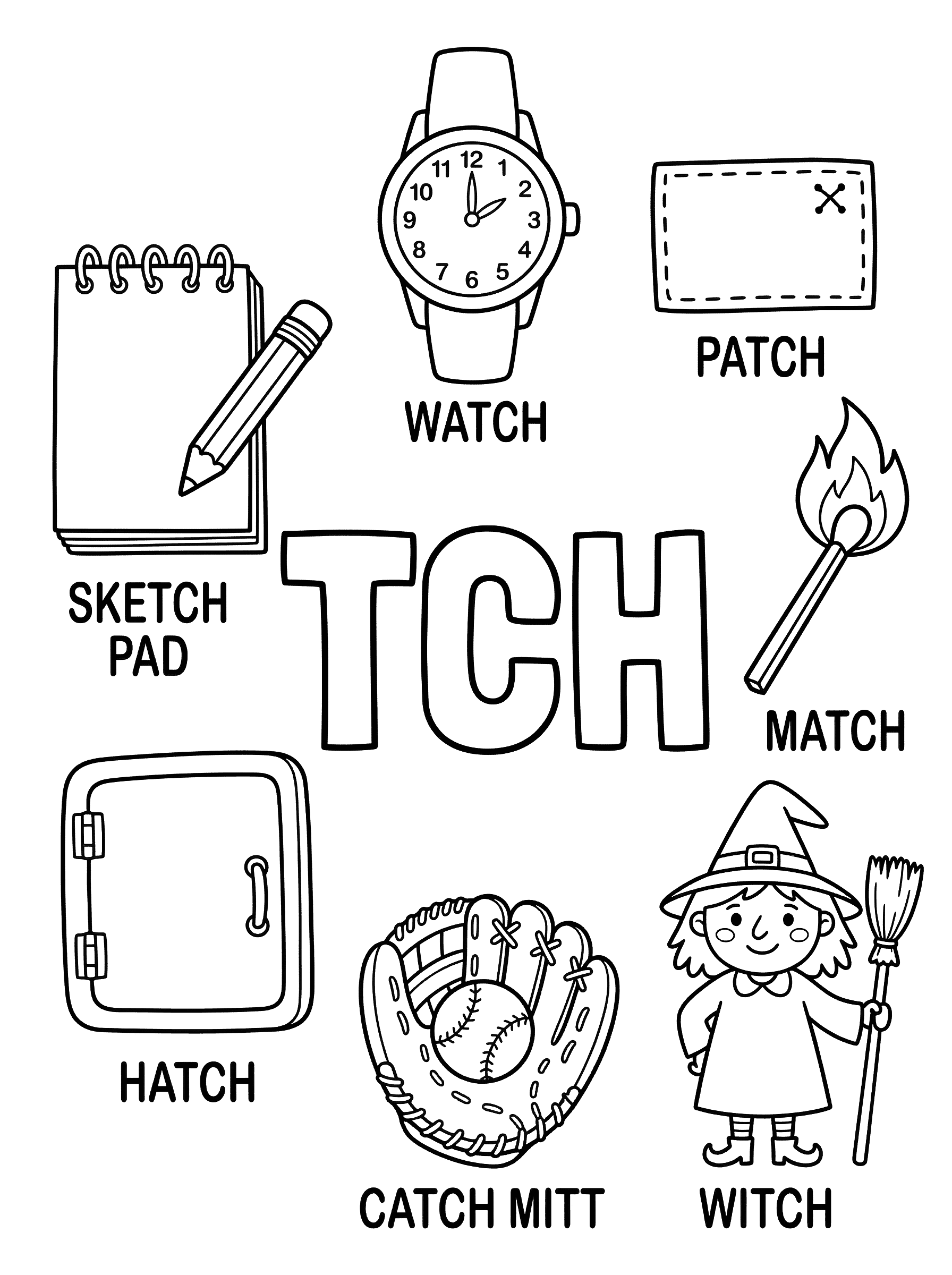 TCH Sound Words Learning Coloring Page