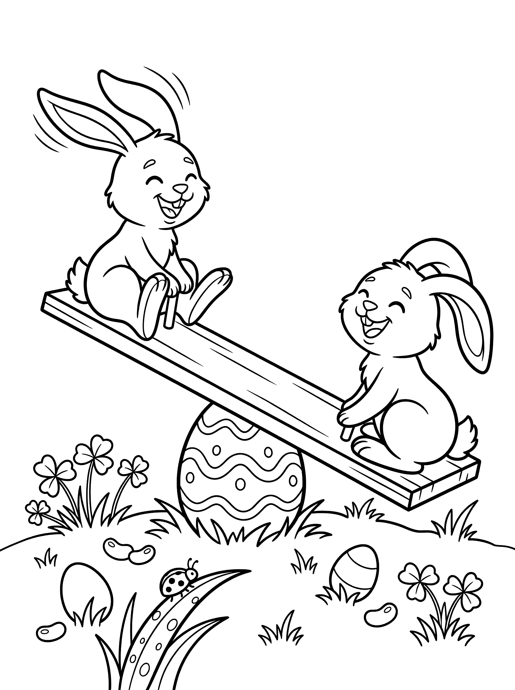 Two Bunnies on Easter Egg Seesaw Coloring Page